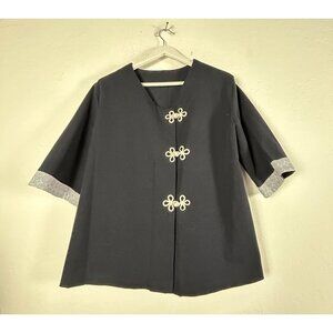 Womens Black Jacket White Frog Closures Printed Cuffs Boho Asian Style